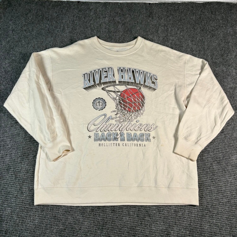 Hollister Sweatshirt Men Large Cream Good River Hawks Basketball Graphic Crew